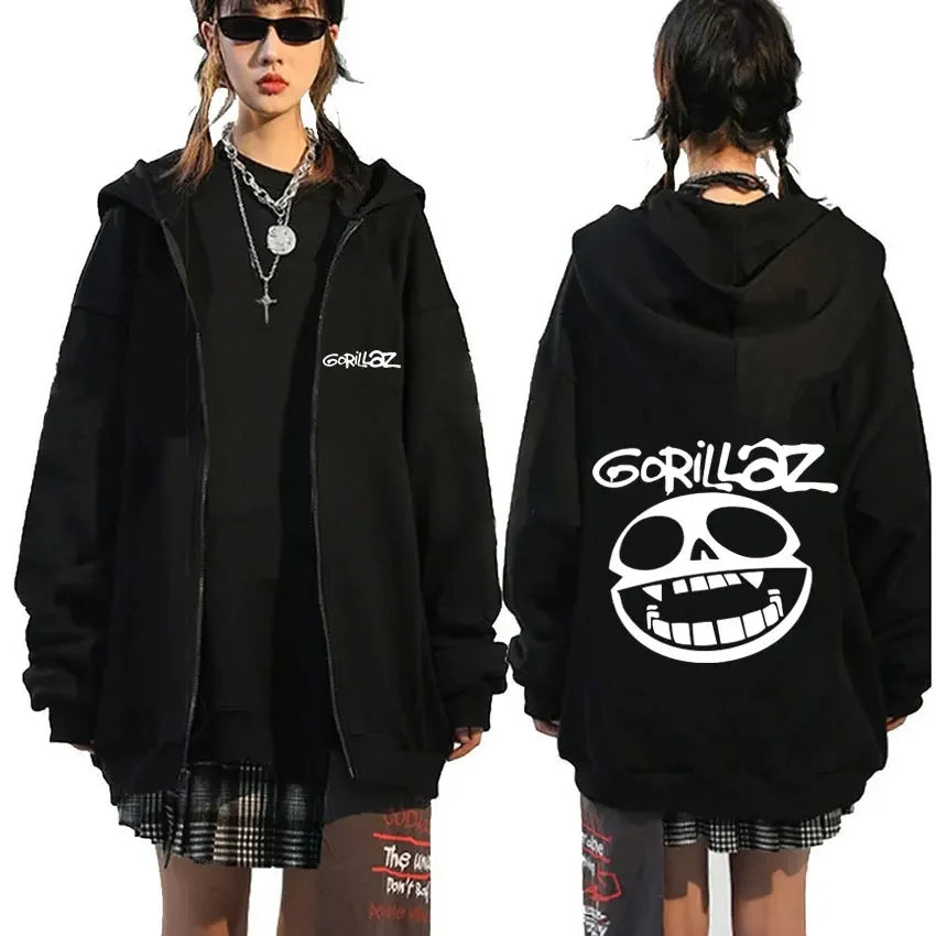 Black oversized rock band gorillaz demon days eyes hoodie with white skull logo for hip hop fashion zip up jacket