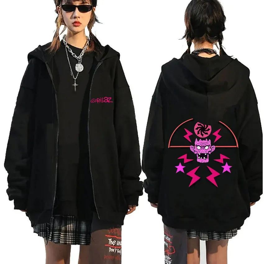 Black gorillaz zip up hoodie with vibrant pink demon days eyes graphic on back and small logo on left chest hip hop fashion