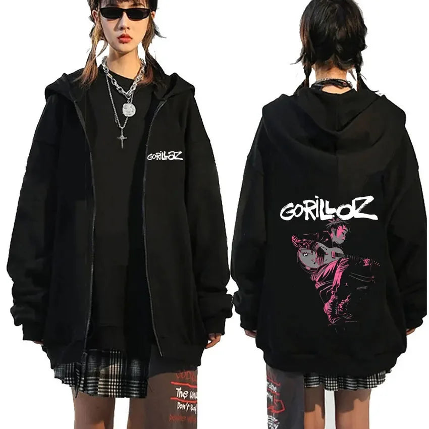 Back view of black rock band gorillaz demon days eyes graphic hoodie featuring pink and white design for hip hop fashion