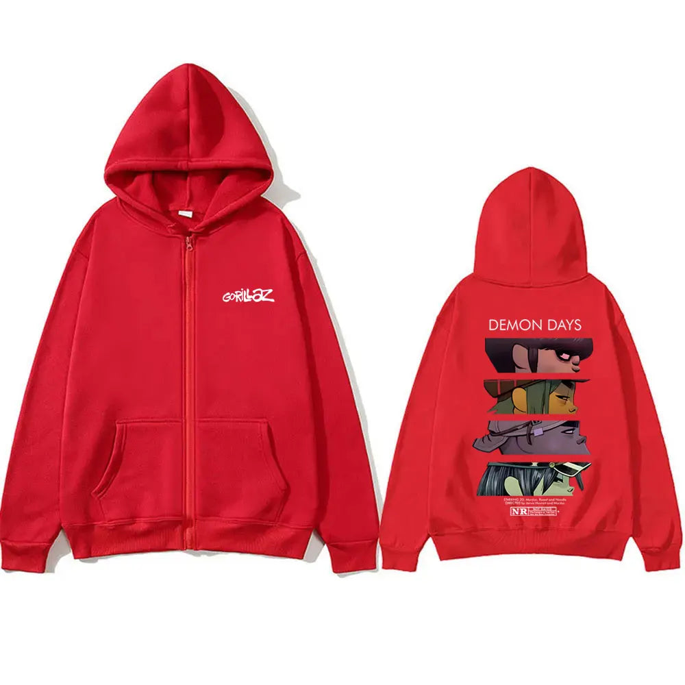 Red zip-up hoodie with white gorillaz logo front and demon days eyes band graphic back for hip hop fashion enthusiasts