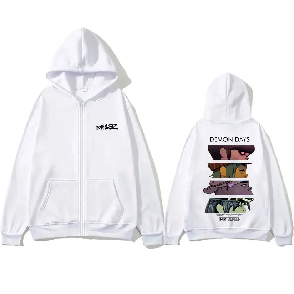 White zip up hoodie with black gorillaz logo front and demon days eyes graphic on back for hip hop fashion