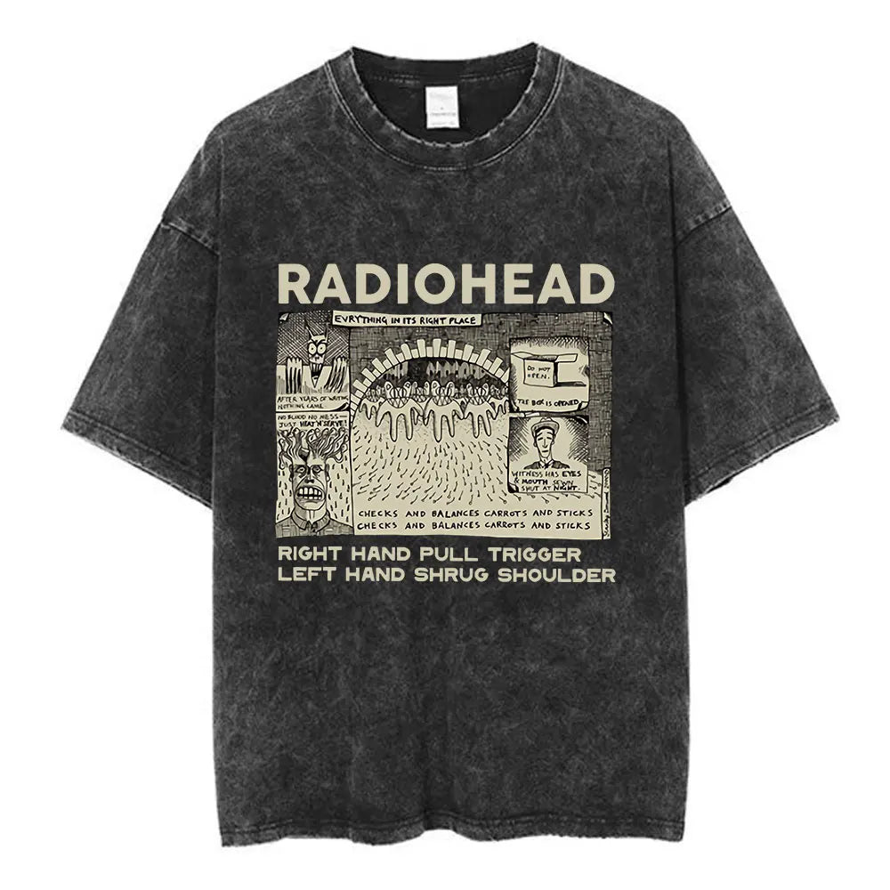 Black distressed cotton music short sleeve t-shirt with vintage radiohead graphic and beige text for fashion summer loose wear