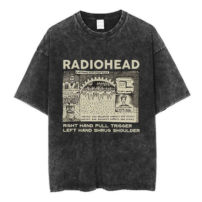 Black distressed cotton music short sleeve t-shirt with vintage radiohead graphic and beige text for fashion summer loose wear