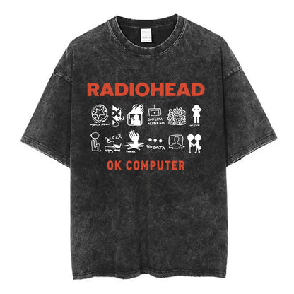 Black distressed cotton rock band hip-hop t-shirt with radiohead ok computer bold orange lettering fashion summer loose music short sleeve