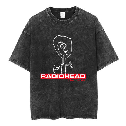 Black distressed cotton music short sleeve t-shirt with white radiohead line art and bold red rock band hip-hop text