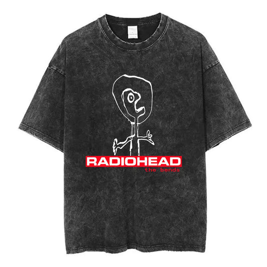 Black distressed cotton music short sleeve t-shirt with white radiohead line art and bold red rock band hip-hop text
