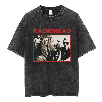 Black distressed cotton music short sleeve t-shirt with red radiohead logo and band photo in fashion summer loose fit