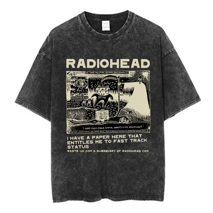 Black distressed cotton music short sleeve t-shirt with cream radiohead ok computer graphic for fashion summer loose wear