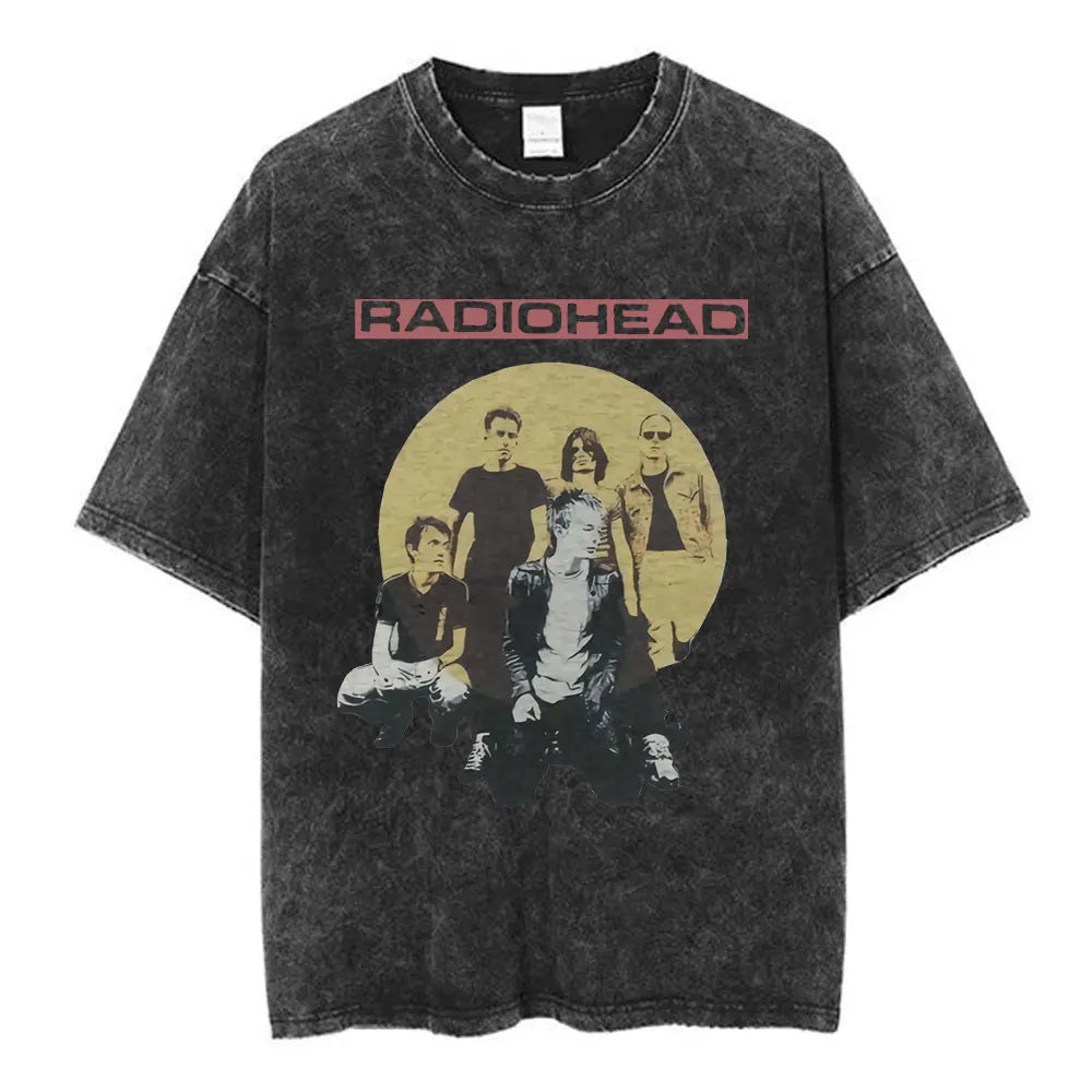 Black distressed cotton music short sleeve t-shirt with faded yellow radiohead graphic and red lettering fashion summer loose fit