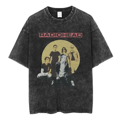 Black distressed cotton music short sleeve t-shirt with faded yellow radiohead graphic and red lettering fashion summer loose fit