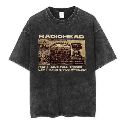 Black distressed cotton music short sleeve t-shirt with vintage Radiohead rock band hip-hop art for fashion summer loose wear