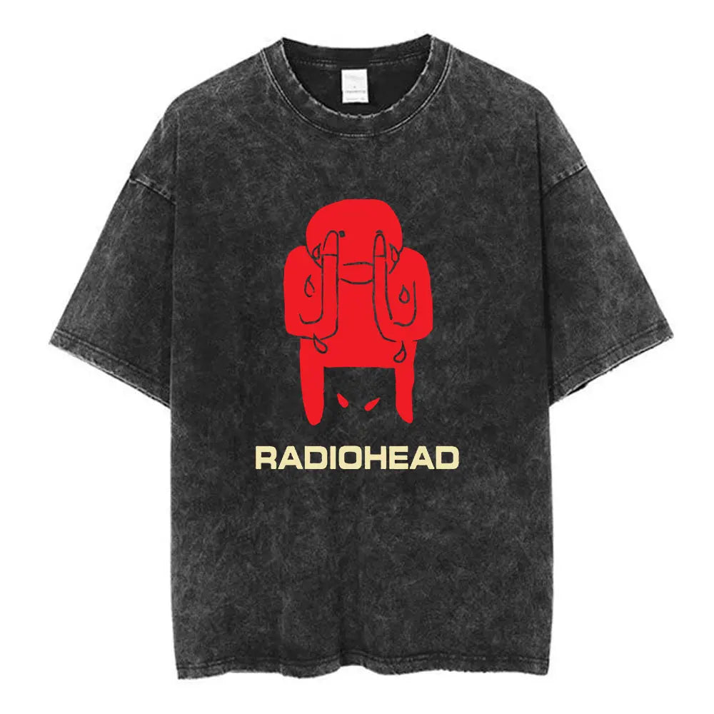 Black distressed cotton rock band hip-hop t-shirt with red stylized figure and yellow radiohead text music short sleeve fashion summer loose