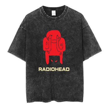 Black distressed cotton rock band hip-hop t-shirt with red stylized figure and yellow radiohead text music short sleeve fashion summer loose