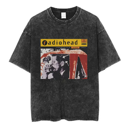 Black distressed cotton music short sleeve t-shirt featuring radiohead creep album cover rock band hip-hop fashion summer loose top