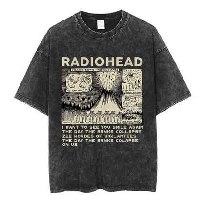Black distressed cotton music short sleeve t-shirt featuring vintage radiohead volcano erupts graphic fashion summer loose fit