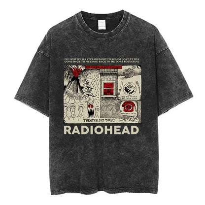 Black distressed cotton music short sleeve t-shirt featuring detailed radiohead the bends graphic with red and beige accents