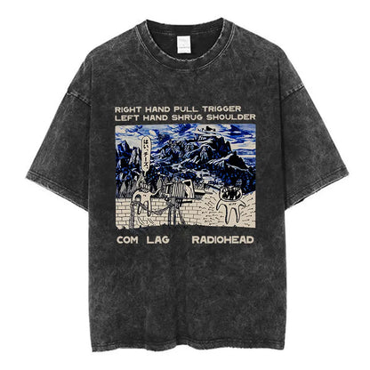 Black distressed cotton music short sleeve t-shirt featuring Radiohead com lag rock band hip-hop graphic print