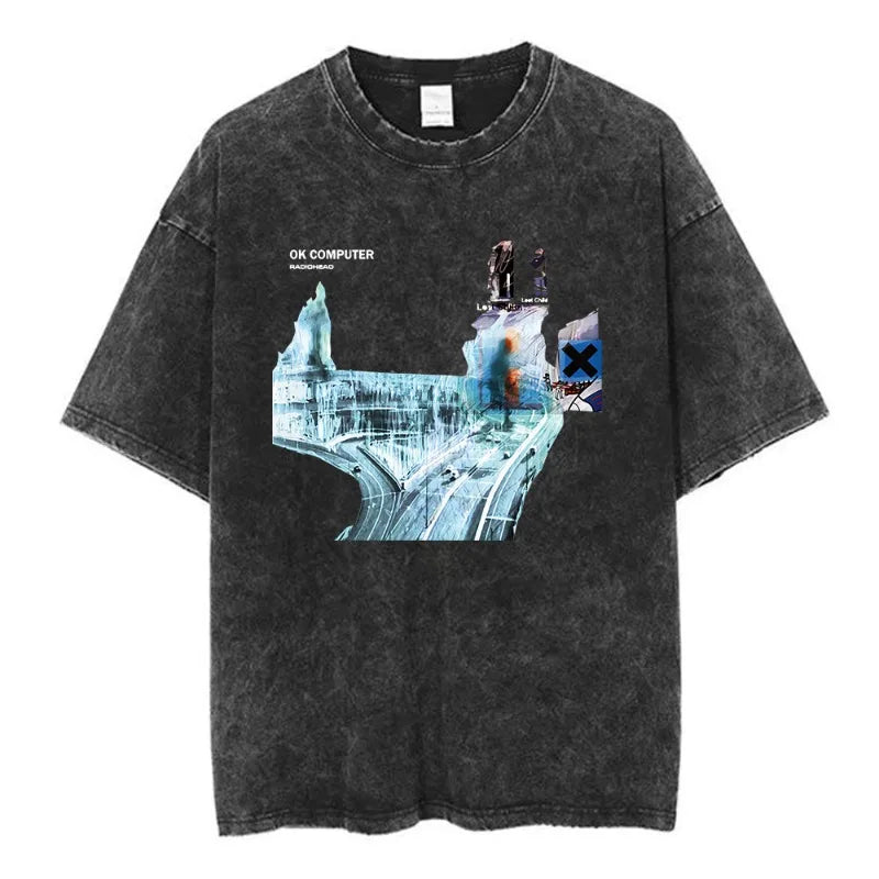 Black distressed cotton t-shirt featuring radiohead ok computer graphic print rock band hip-hop fashion summer loose top