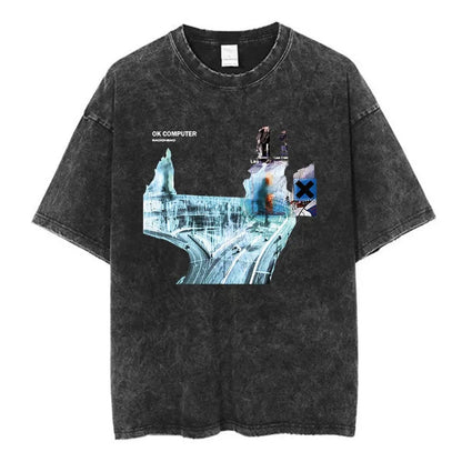 Black distressed cotton t-shirt featuring radiohead ok computer graphic print rock band hip-hop fashion summer loose top
