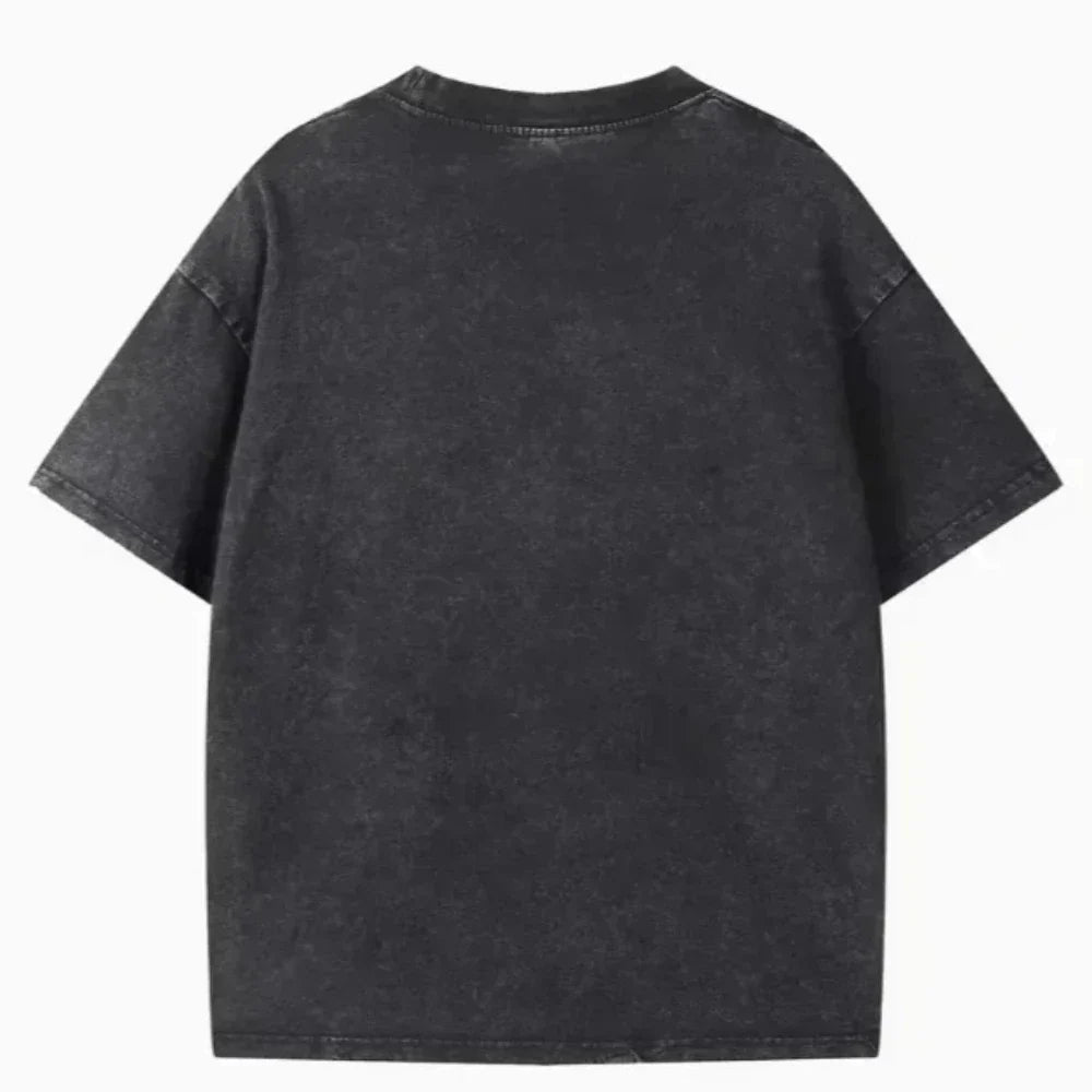Black distressed denim music short sleeve t-shirt with relaxed fit and fashion summer loose style for rock band hip-hop fans
