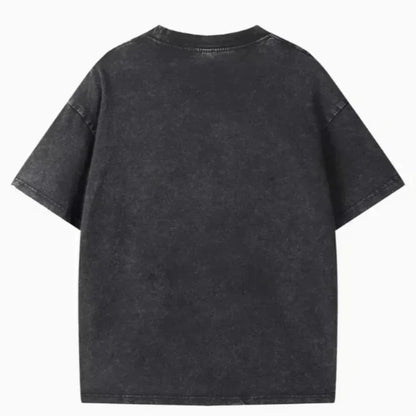 Black distressed denim music short sleeve t-shirt with relaxed fit and fashion summer loose style for rock band hip-hop fans