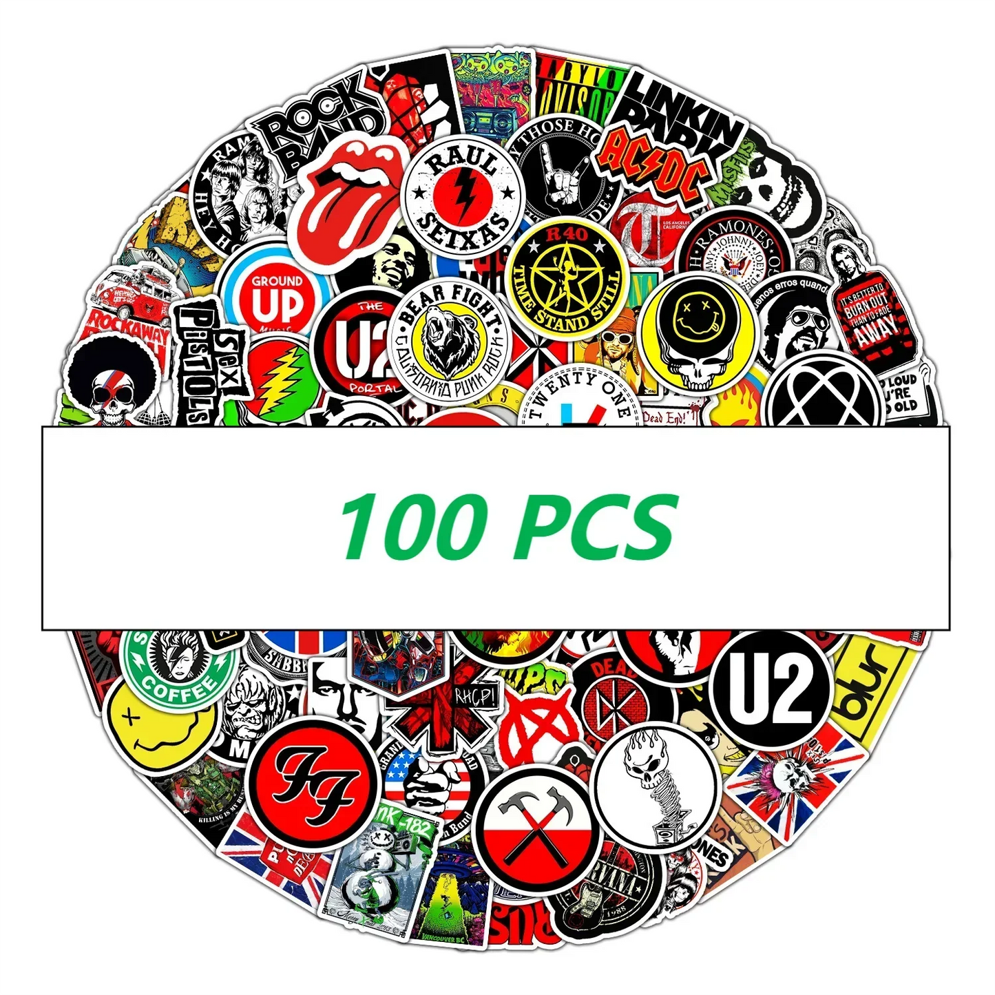 A vibrant collection of 100 assorted band music stickers featuring iconic logos for guitar motorcycle skateboard luggage cup fashion use