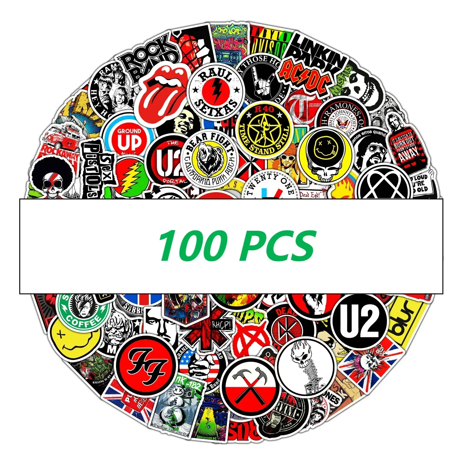 A vibrant collection of 100 assorted band music stickers featuring iconic logos for guitar motorcycle skateboard luggage cup fashion use