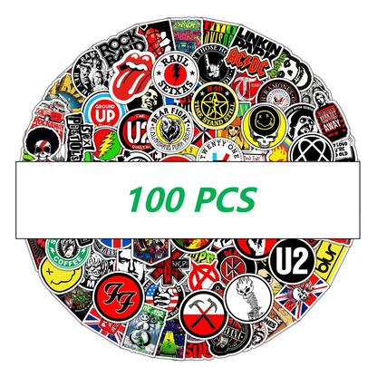 A vibrant collection of 100 assorted band music stickers featuring iconic logos for guitar motorcycle skateboard luggage cup fashion use