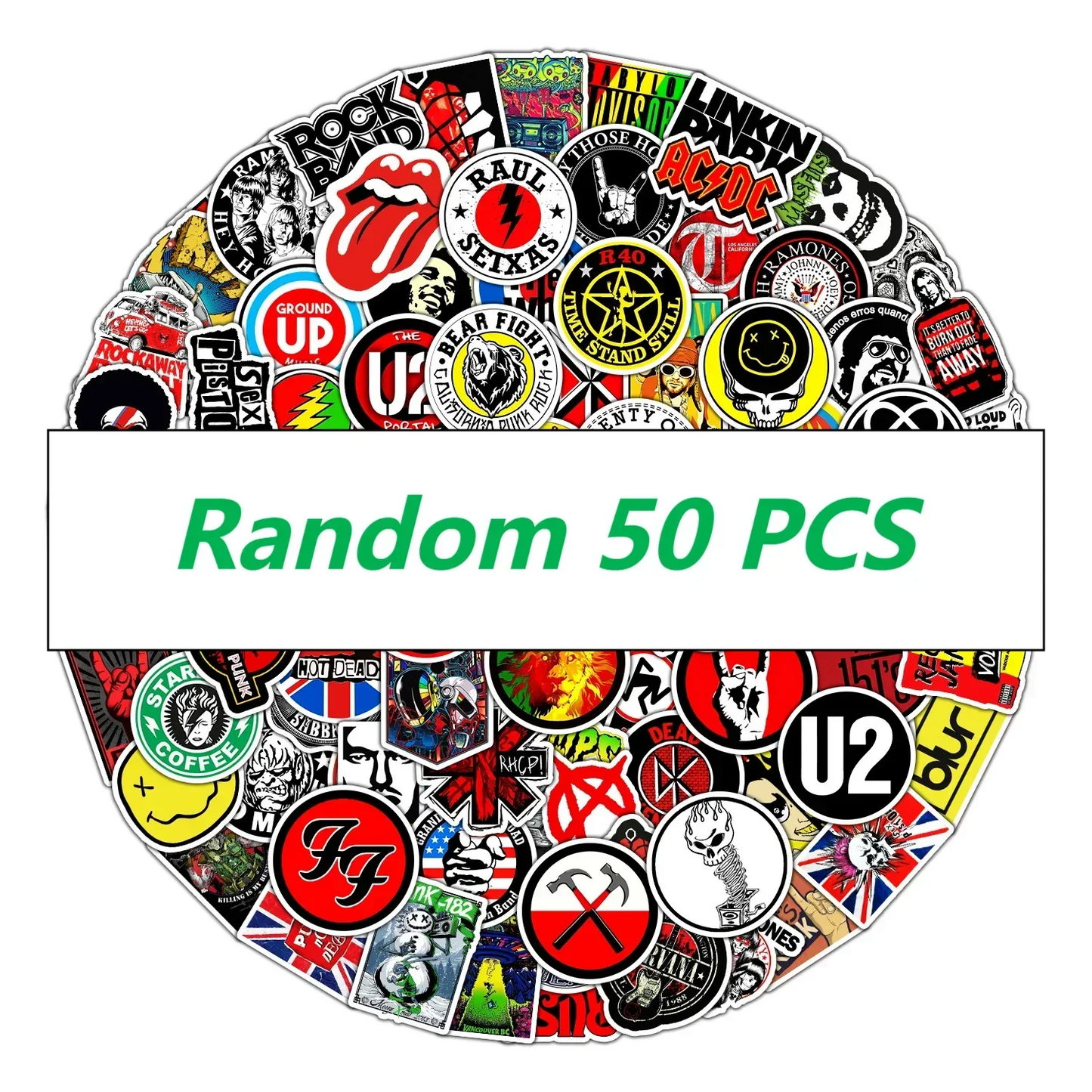 A vibrant collection of 50 band music stickers with bold red black yellow and green designs for guitar motorcycle skateboard luggage cup fashion