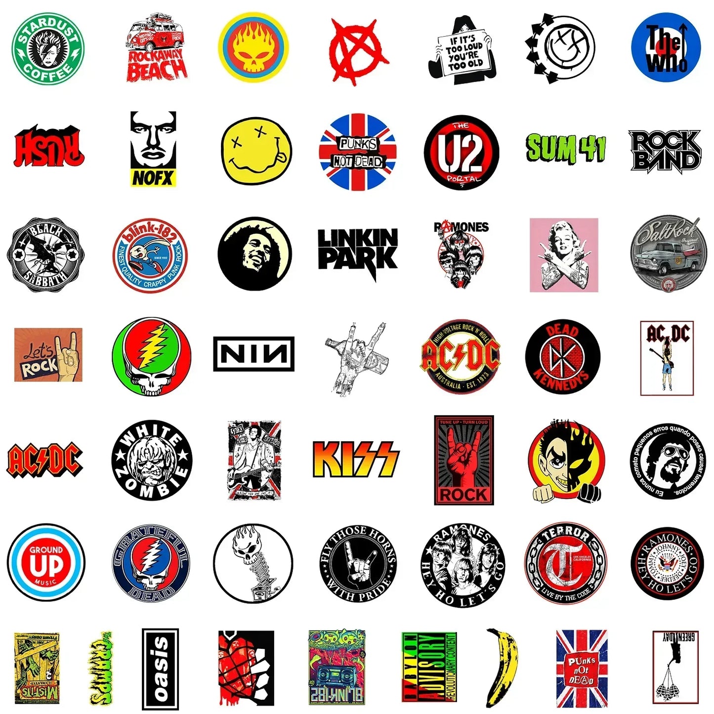 A collection of colorful circular band music stickers featuring logos for guitar motorcycle skateboard luggage cup fashion use