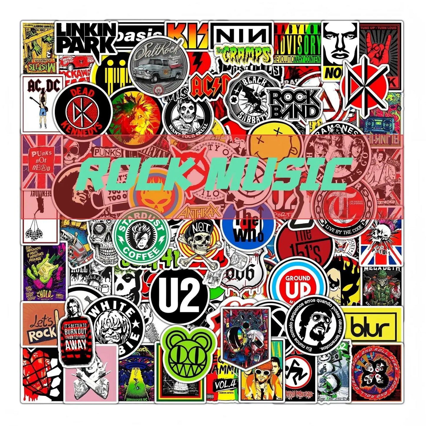 A colorful collage of band music stickers featuring guitar motorcycle skateboard themes on luggage cup fashion items