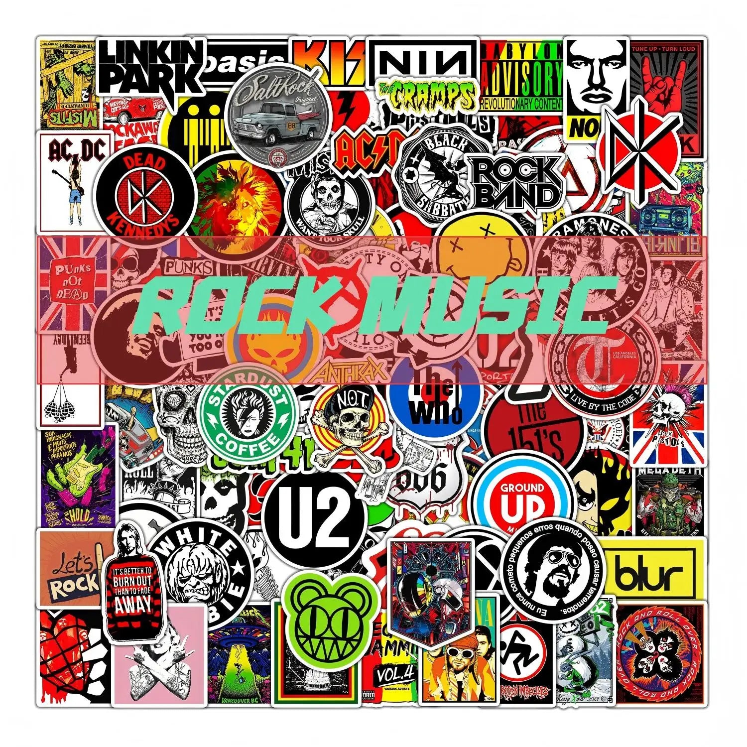 A colorful collage of band music stickers featuring guitar motorcycle skateboard themes on luggage cup fashion items