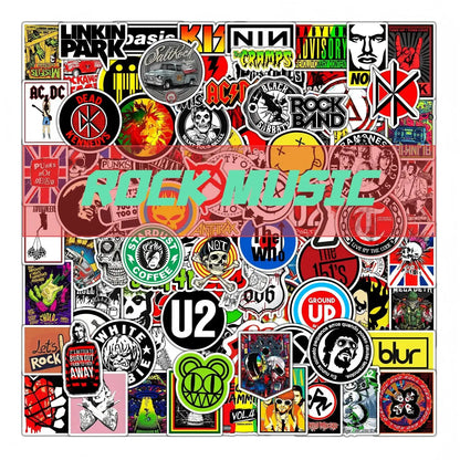 A colorful collage of band music stickers featuring guitar motorcycle skateboard themes on luggage cup fashion items
