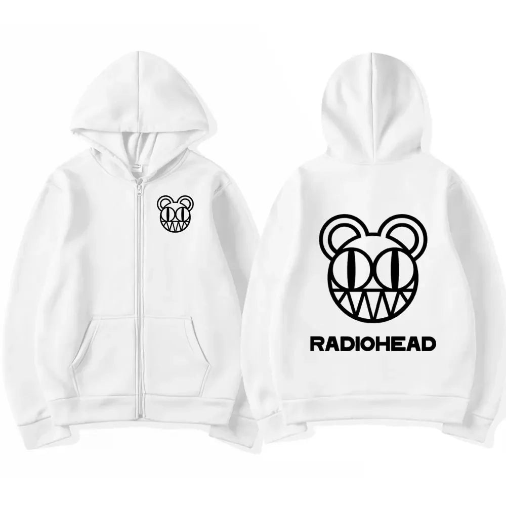 White zip up hoodie featuring a black band radiohead logo graphic on front and back vintage punk hip sweatshirt jacket