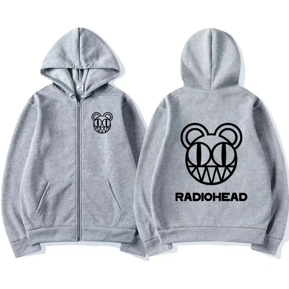 Gray zip-up hoodie featuring a black band radiohead logo graphic on front and back perfect for sweatshirt punk hip styles