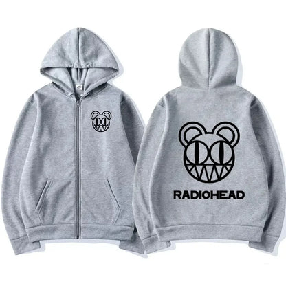 Gray zip-up hoodie featuring a black band radiohead logo graphic on front and back perfect for sweatshirt punk hip styles