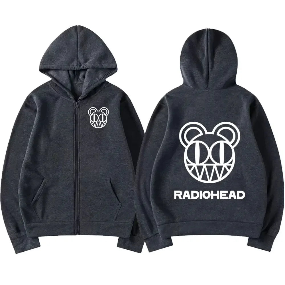 Dark gray zip-up hoodie featuring a white band radiohead logo on front and back perfect for sweatshirt punk hip style