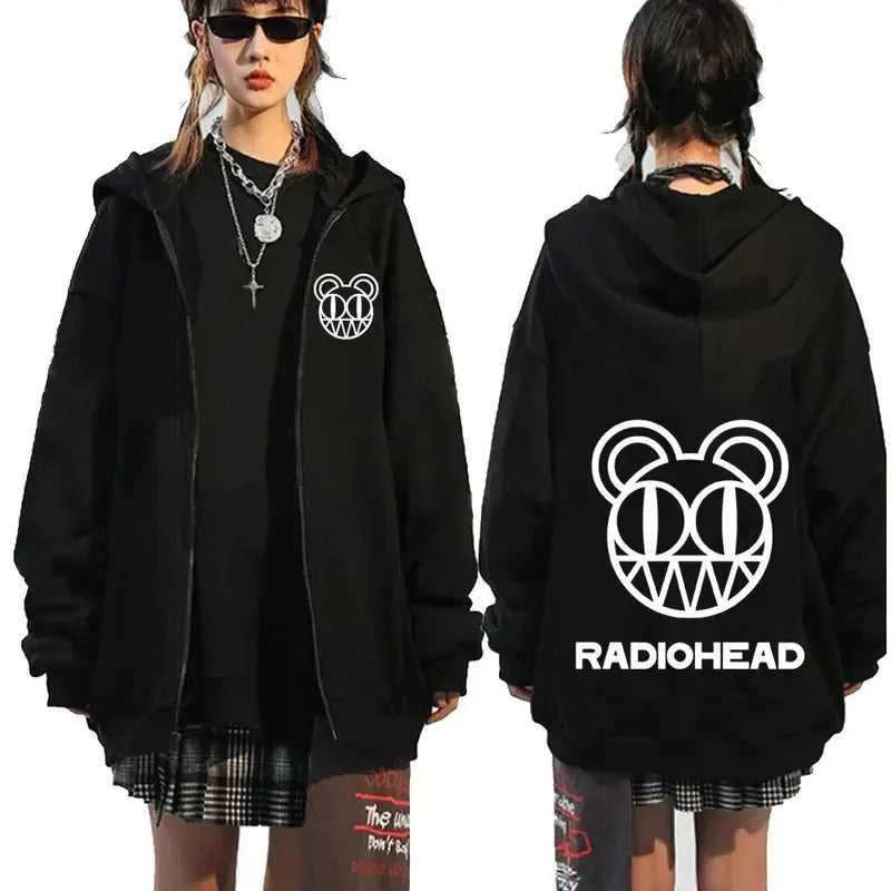 Black rock band radiohead hoodie featuring white band radiohead logo bear face graphic and radiohead text on front and back