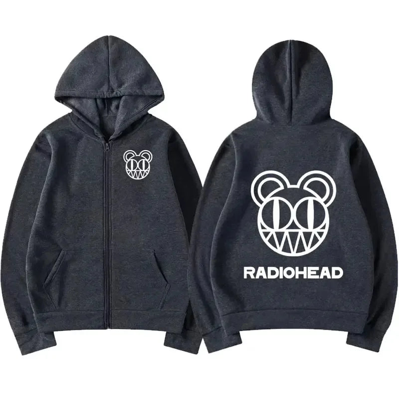 Dark gray zip-up hoodie featuring band radiohead logo kid a bear graphic front and back vintage punk hip sweatshirt