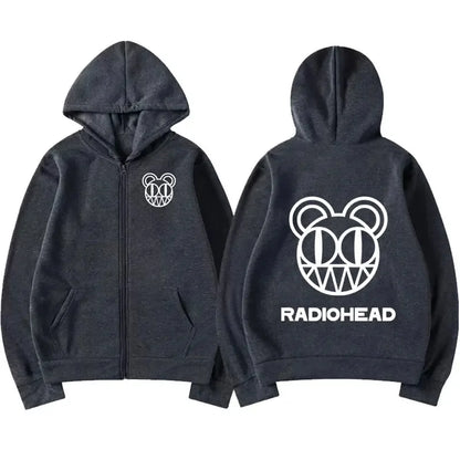 Dark gray zip-up hoodie featuring band radiohead logo kid a bear graphic front and back vintage punk hip sweatshirt