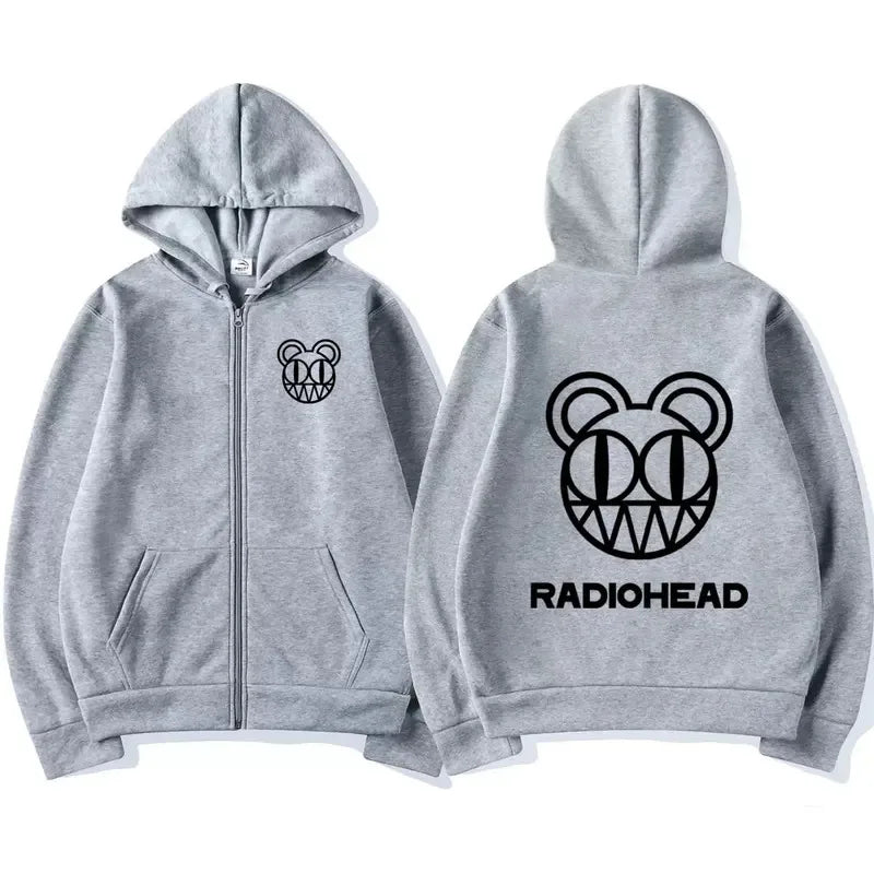 Gray zip-up hoodie featuring black band radiohead logo graphic on front and back vintage sweatshirt punk hip style