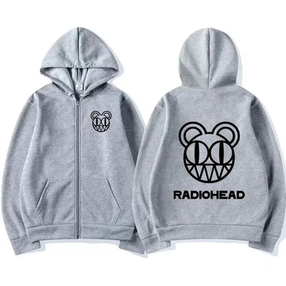 Gray zip-up hoodie featuring black band radiohead logo graphic on front and back vintage sweatshirt punk hip style