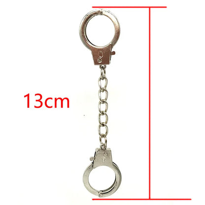 Silver metal keychain shaped like chain silver handcuffs connected by short chain for rock hiphop punk wallet belt accessory