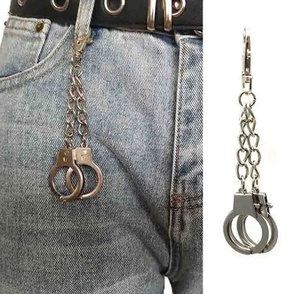 Silver metal chain silver handcuffs keychain with clip for punk wallet belt rock hiphop punk accessory