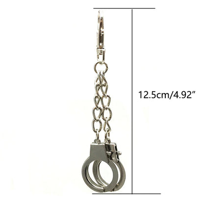 Silver metal keychain shaped like rock hiphop punk chain silver handcuffs with interlocking rings and clasp accessory