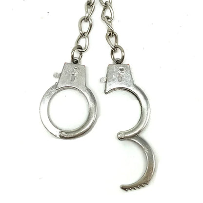Silver metal keychain shaped like rock hiphop punk chain silver handcuffs with one cuff open and one closed