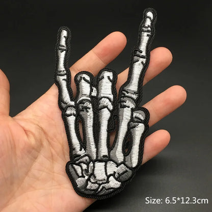 Black and silver embroidered punk patch of skeleton hand rock on sign for clothing diy appliques and guitar stripes iron