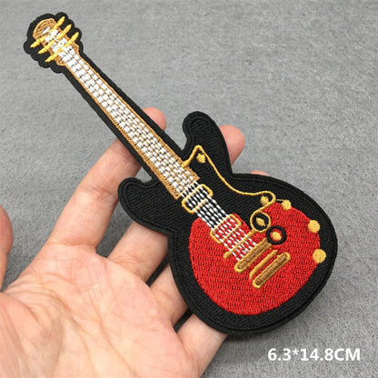 Red and black embroidered punk patches electric guitar patch with gold detailing guitar stripes iron for clothing diy appliques