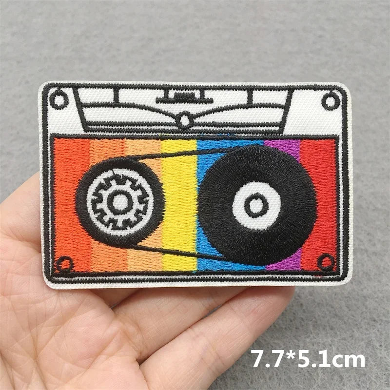 Rainbow-colored embroidered cassette tape patch with black reels and white accents for music embroidered patches clothes stickers diy jacket jeans headset
