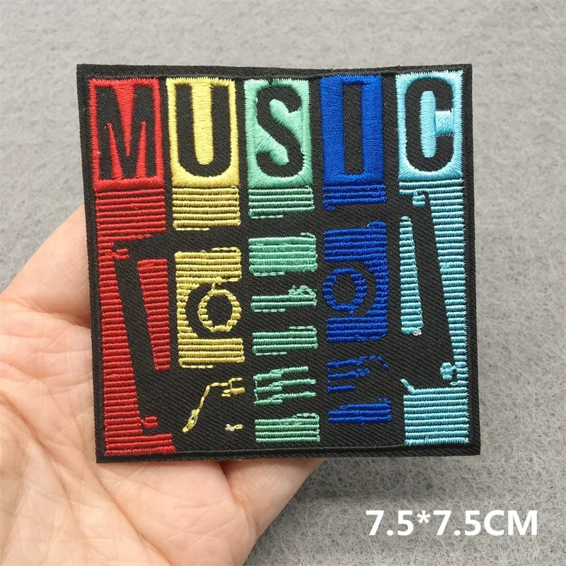 Colorful music embroidered patches with multi-colored letters and musical notes on black for jacket jeans headset diy clothes stickers